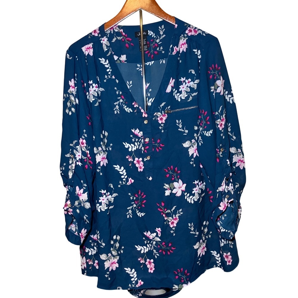 Justify Floral Blouse Women 2X Teal Pink Roll Tab Sleeve V-Neck Zip Pocket